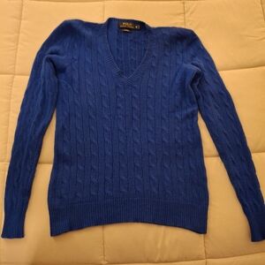 Polo by Ralph Lauren Blue V-Neck Cable Knit Cashmere Sweater